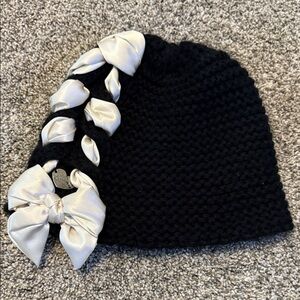Betsey Johnson Black Knit Beanie Hat with Bow